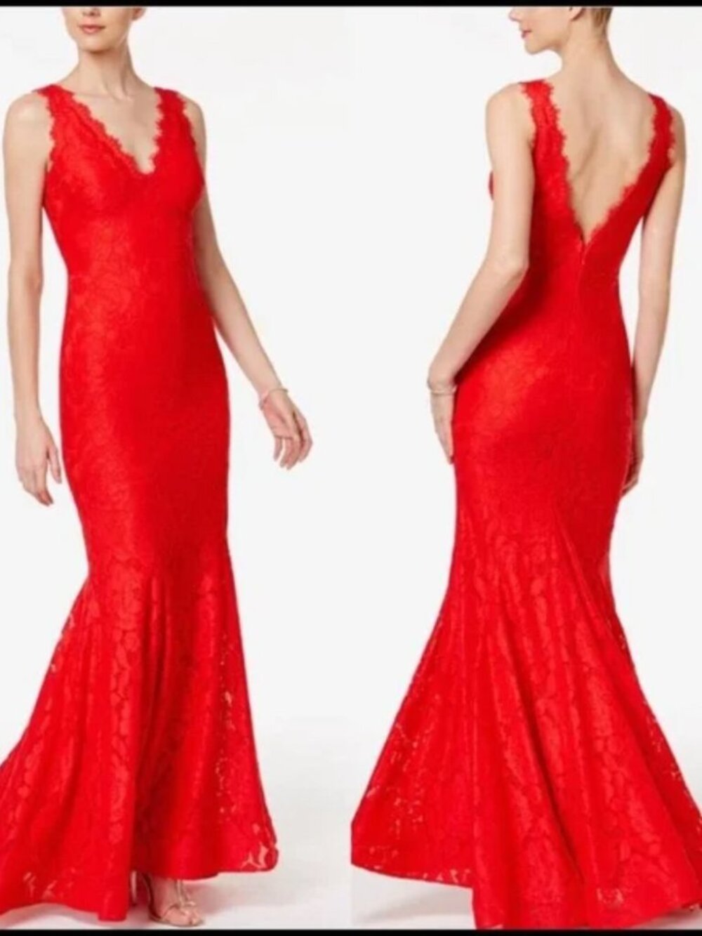 Betsy & Adam Long lace mermaid dress with v-neckline and deep v-back 6